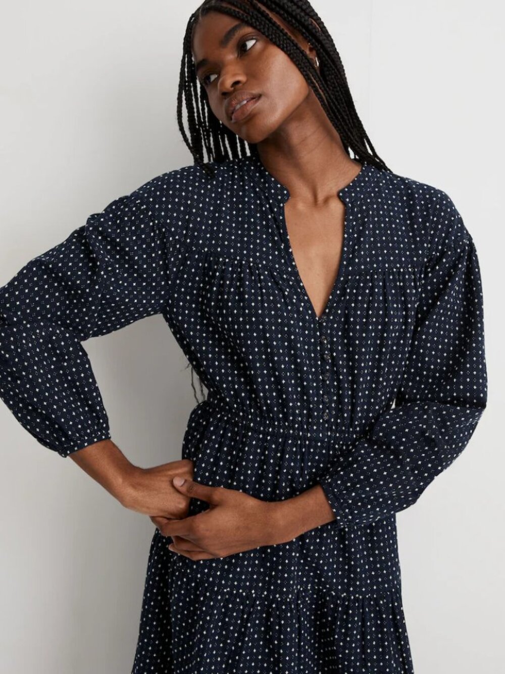 Madewell Dobby V-Neck Tiered Midi Dress Navy Blue Size Medium